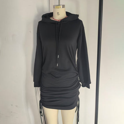 Women's Casual Bodycon Hoodie Dress - Long Sleeve Fitted Mini Dress with Drawstring (Black)