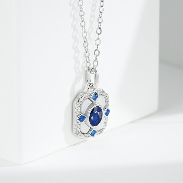 925 Sterling Silver Blue Sapphire Pendant Necklace - Elegant Square Crystal Jewelry