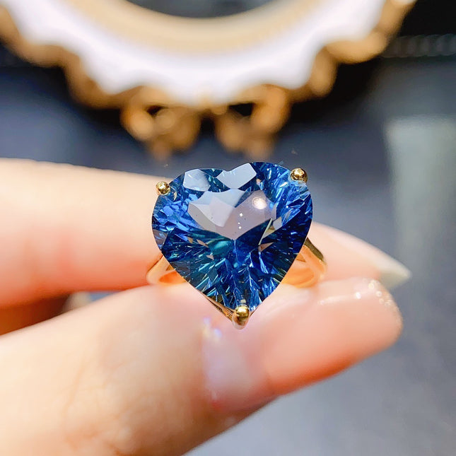 Heart-Cut Blue Crystal Ring - 925 Sterling Silver Adjustable Band