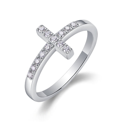 Moissanite Cross Ring - 925 Sterling Silver with Platinum Plating