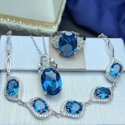925 Sterling Silver London Blue Jewelry Set - Necklace, Bracelet, Earrings & Ring