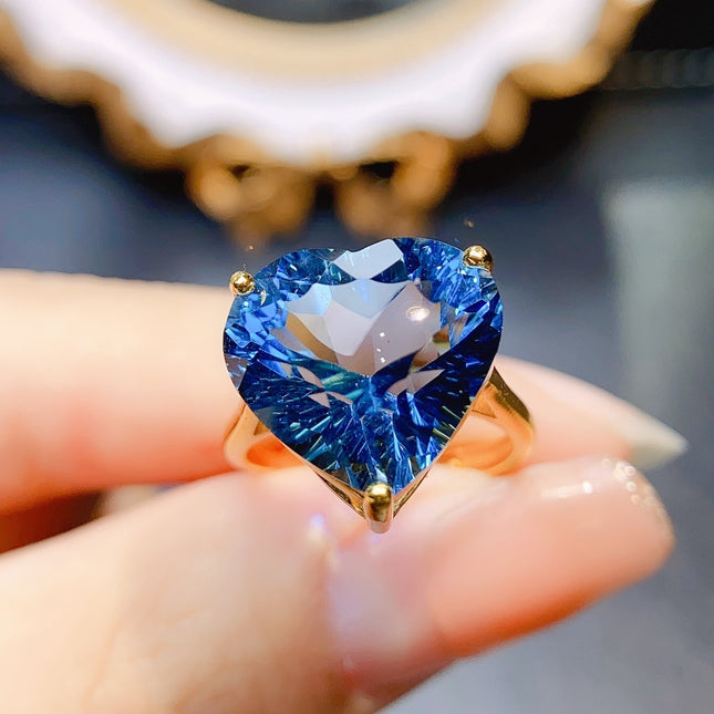 Heart-Cut Blue Crystal Ring - 925 Sterling Silver Adjustable Band