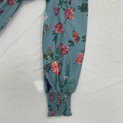 Women's Sexy V-Neck Long Sleeve Dress With Lace Trim & Elastic Cuffs - Flowy Floral Print A-Line Retro Dress