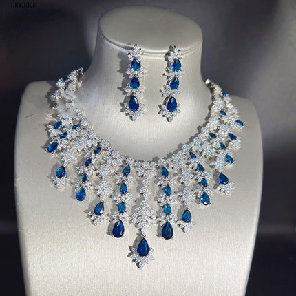 Blue Full Rhinestone Zircon Jewelry Set - Necklace, Earrings, Bracelet & Ring (4-Piece Set)
