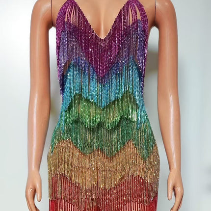 Sexy Deep V Rhinestone Tassel Bulk Evening Gown - Sparkling Party & Club Dress