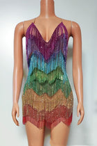 Sexy Deep V Rhinestone Tassel Bulk Evening Gown - Sparkling Party & Club Dress