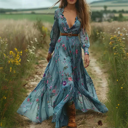 Women's Sexy V-Neck Long Sleeve Dress With Lace Trim & Elastic Cuffs - Flowy Floral Print A-Line Retro Dress