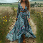 Women's Sexy V-Neck Long Sleeve Dress With Lace Trim & Elastic Cuffs - Flowy Floral Print A-Line Retro Dress