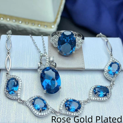 925 Sterling Silver London Blue Jewelry Set - Necklace, Bracelet, Earrings & Ring