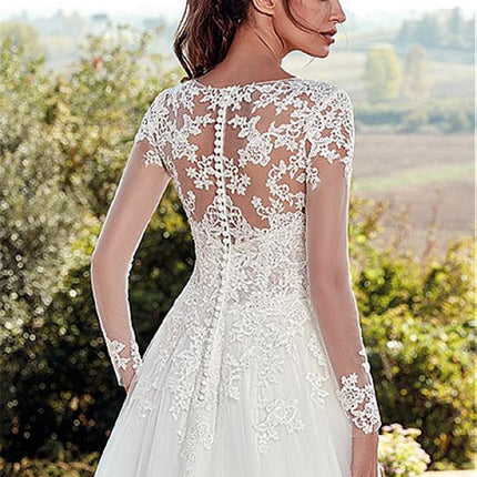 High U-neck Lace Long Sleeve A- Line Long Tail Simple Wedding Dress
