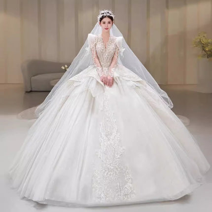 Luxury Long Sleeve Ball Gown Wedding Dress with Lace Appliqué & Cathedral Train