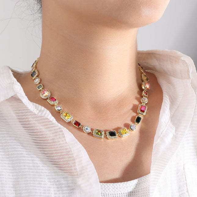 USA Stock Gorgeous Mixed Gemstone Tennis Chain 5A CZ Gem 18K Gold Plated Vintage Multi Colored Jewelry Necklace For Women