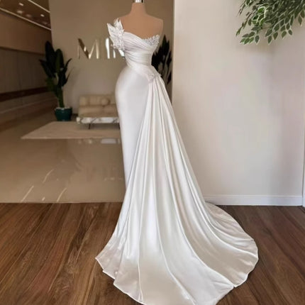 Elegant White Satin Off-Shoulder Wedding Dress with Draped Detail & Slim Fit