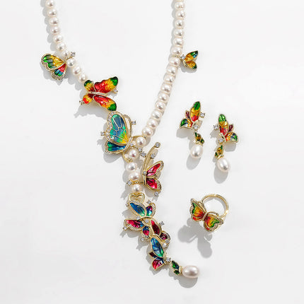 Butterfly Jewelry Set - Freshwater Pearl Necklace, Earrings & Ring