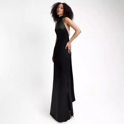 Beaded Lace-Up Back Sheath Dress With Elegant Collar Detail