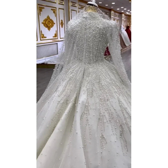 Classic Long Sleeve Ball Gown Wedding Dress with Pettiskirt & Trailing Train