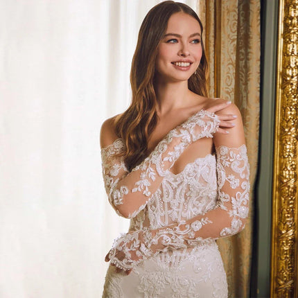 Off-shoulder Lace Long Sleeve Wedding Gown - Elegant Fishtail Ivory Bridal Dress
