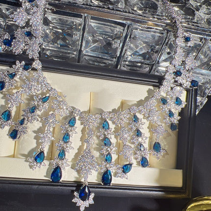 Blue Full Rhinestone Zircon Jewelry Set - Necklace, Earrings, Bracelet & Ring (4-Piece Set)