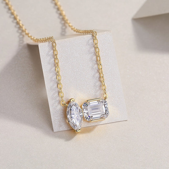 Double Diamond Shadow Necklace - Moissanite Pendant in Sterling Silver with Gold Plating