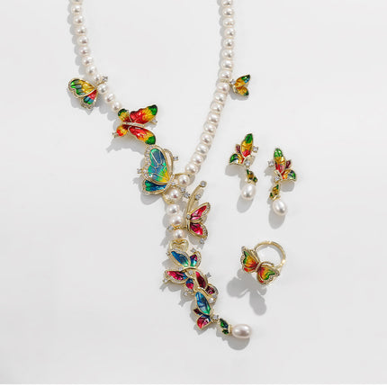 Butterfly Jewelry Set - Freshwater Pearl Necklace, Earrings & Ring