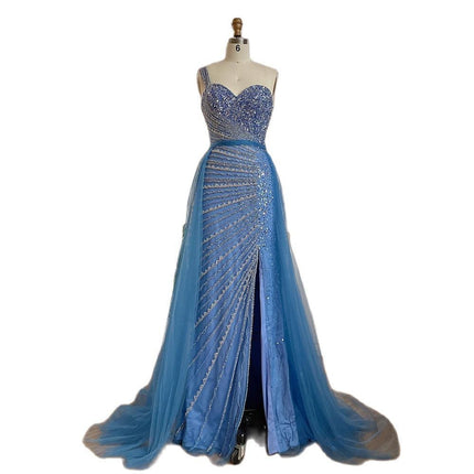 Elegant Blue Handmade Beaded Off- Shoulder Gown with Split Thigh & Fishtail Hem