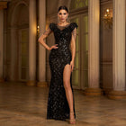 Elegant Black Sequin Evening Dress - Slim Fit Sheath Gown With Slit