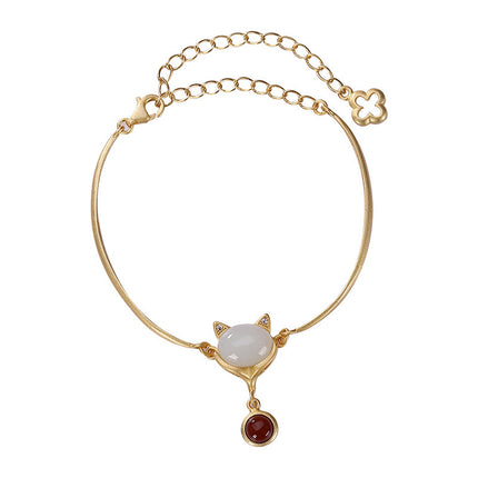 925 Silver Handmade Ancient Gold "Little Fox" Bracelet - Elegant Red Gem & Adjustable Chain