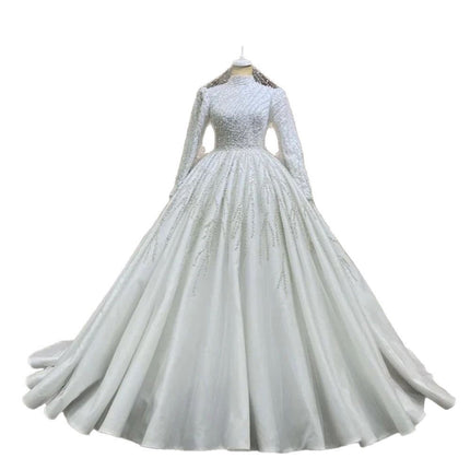 Classic Long Sleeve Ball Gown Wedding Dress with Pettiskirt & Trailing Train