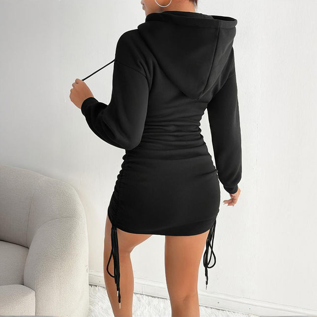 Women's Casual Bodycon Hoodie Dress - Long Sleeve Fitted Mini Dress with Drawstring (Black)