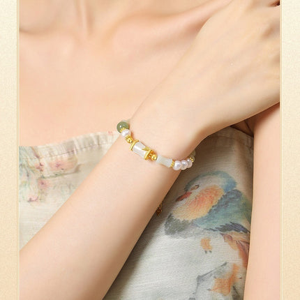 Hetian Jade Bamboo S925 Sterling Silver Niche Freshwater Pearl Bracelet