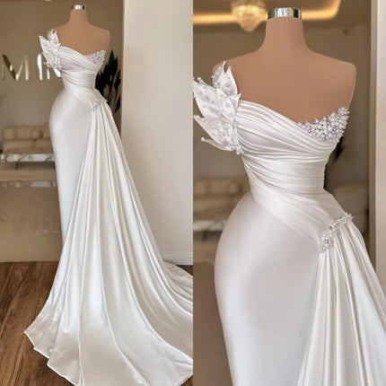 Elegant White Satin Off-Shoulder Wedding Dress with Draped Detail & Slim Fit