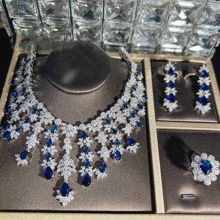 Blue Full Rhinestone Zircon Jewelry Set - Necklace, Earrings, Bracelet & Ring (4-Piece Set)