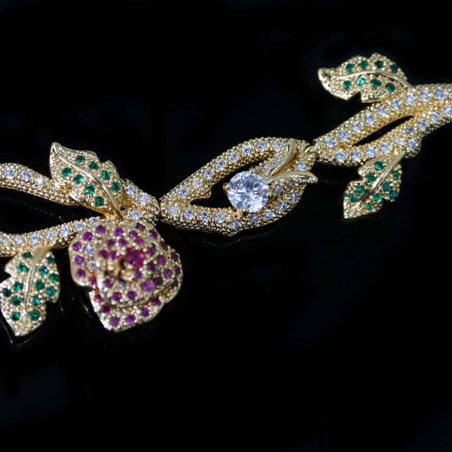 Floral Bridal Jewelry Set - Pink & Green Crystal Necklace with matching Earrings