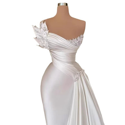 Elegant White Satin Off-Shoulder Wedding Dress with Draped Detail & Slim Fit