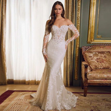 Off-shoulder Lace Long Sleeve Wedding Gown - Elegant Fishtail Ivory Bridal Dress