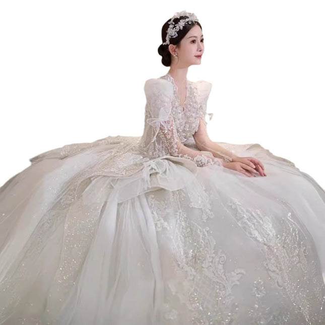 Luxury Long Sleeve Ball Gown Wedding Dress with Lace Appliqué & Cathedral Train