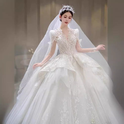 Luxury Long Sleeve Ball Gown Wedding Dress with Lace Appliqué & Cathedral Train
